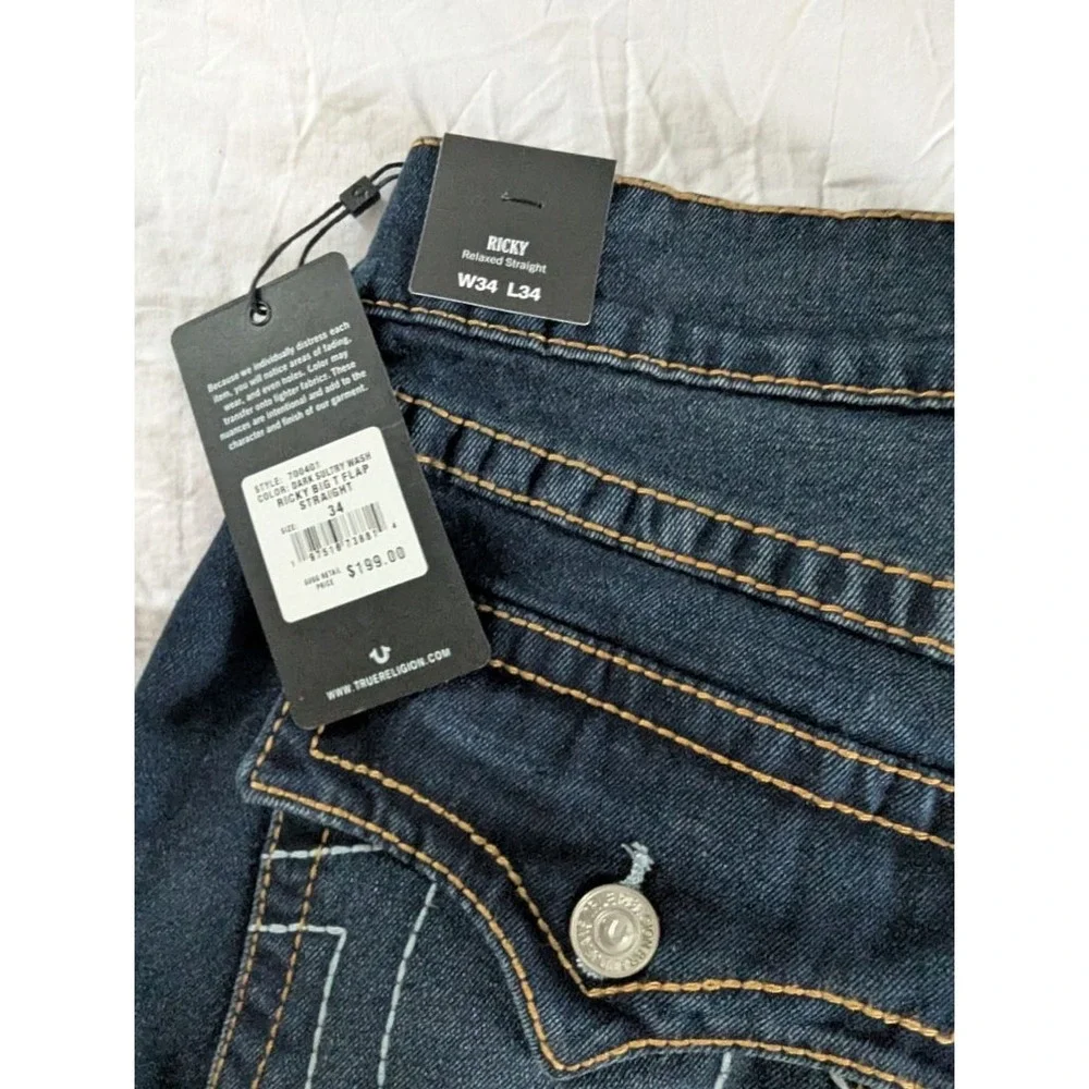 True Religion NWT‎ Ricky Relaxed Straight Jeans Dark Wash Big Flap Mens 34x34